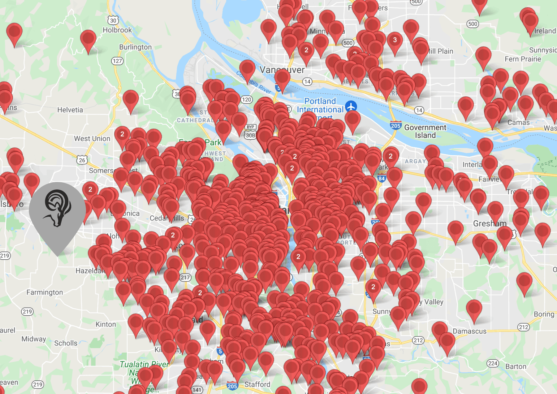 Map of completed Ram Jack West projects — Portland Metro