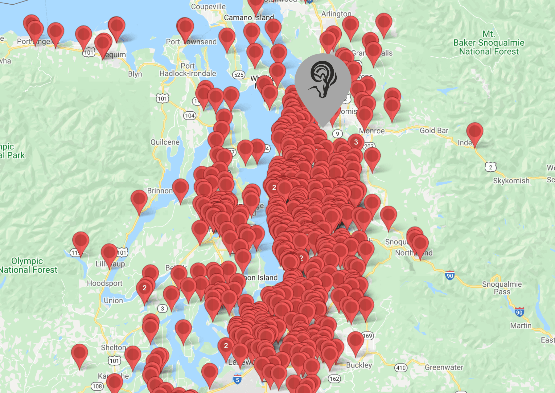 Map of completed Ram Jack West projects across Puget Sound