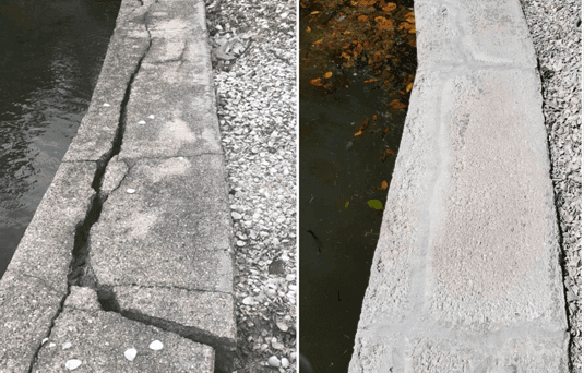 Cracked seawall cap before and after Ram Jack repair