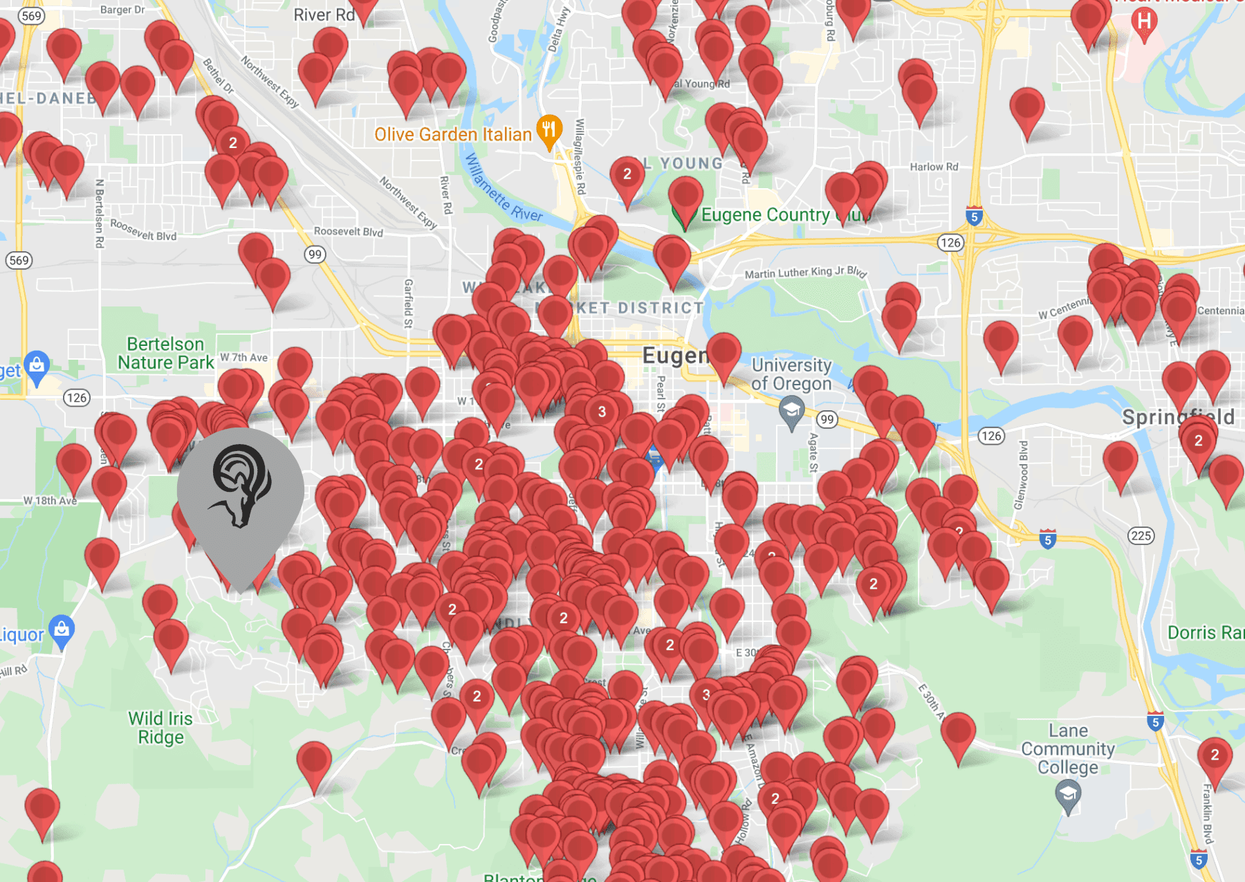 Map of completed Ram Jack West projects — Eugene / Southern & Central Oregon